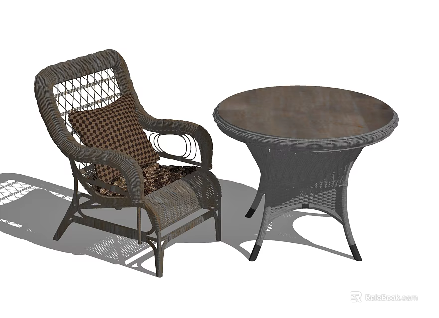 Woven Rattan Outdoor Table and Chair Set with Plaid Seat Cushion 3d model 
