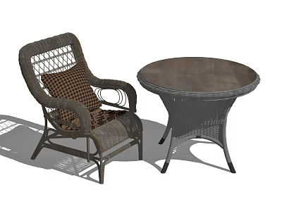 Woven Rattan Outdoor Table and Chair Set with Plaid Seat Cushion 3d model