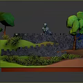Layered Stepped Landscape Scene With Stone Walls Trees Grass And Waterfall