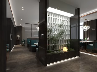 Modern Restaurant Interior With Glass Partition Green Plant And Pendant Lights 3d model