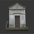 Detailed Stone Structure With Mossy Gray Roof Carved Walls Red Door And Leaf Base
