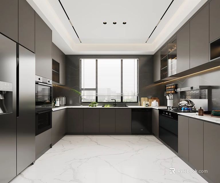 Modern Kitchen Interior Design With Gray Cabinets Marble Countertops Window And Appliances 3d model