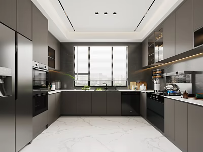 Modern Kitchen Interior Design With Gray Cabinets Marble Countertops Window And Appliances 3d model