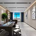 Modern Office Interior With Wooden Bookshelves Green Plants Large Windows And Marble Floor