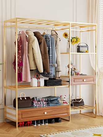 Open Wardrobe Walk-in Metal Cloakroom Bedroom Dressing Table Integrated Combination Iron Rack Hanger 3d model