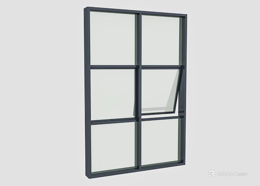 Floor to Ceiling Window with Black Frame and Multiple Glass Panes One Tilted Open Design 3d model 