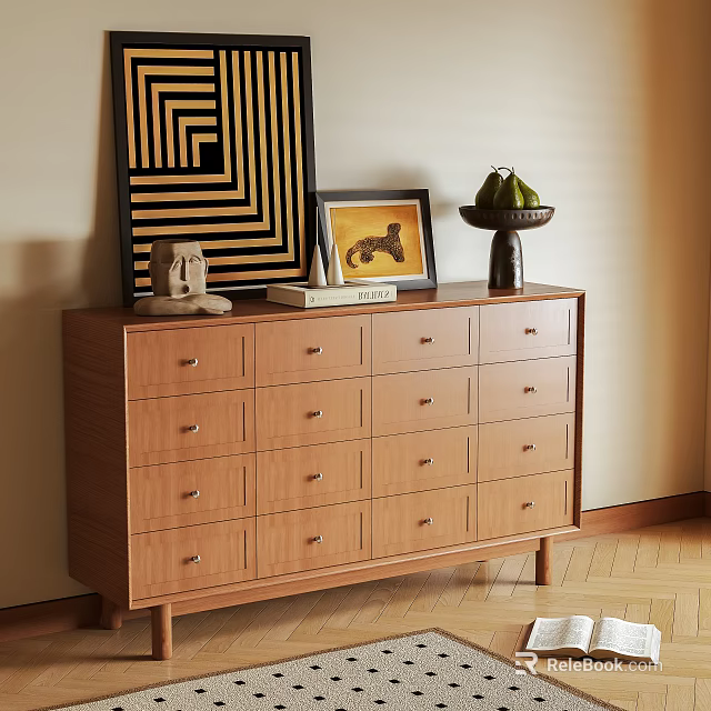 Wooden Console Cabinet With Multiple Drawers And Decorative Artworks On Top 3d model 