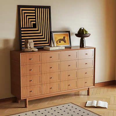 Wooden Console Cabinet With Multiple Drawers And Decorative Artworks On Top 3d model