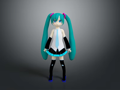 Game And Movie Character With Teal Twin Ponytails White Top Black Skirt And Tie 3d model
