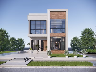 Modern Two Story Detached Villa With Large Windows Wooden Elements Lawn And Driveway 3d model