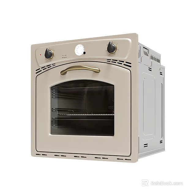 Vintage Style Beige Kitchen Oven With Glass Door And Brass Handle 3d model 