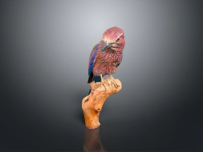 Artistic Reddish Purple Bird Sculpture Perched On Wooden Branch With Detailed Feathers 3d model