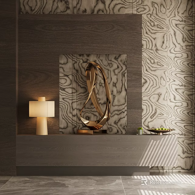 Modern Entryway Console Table With Golden Sculpture Table Lamp And Textured Wall 3d model