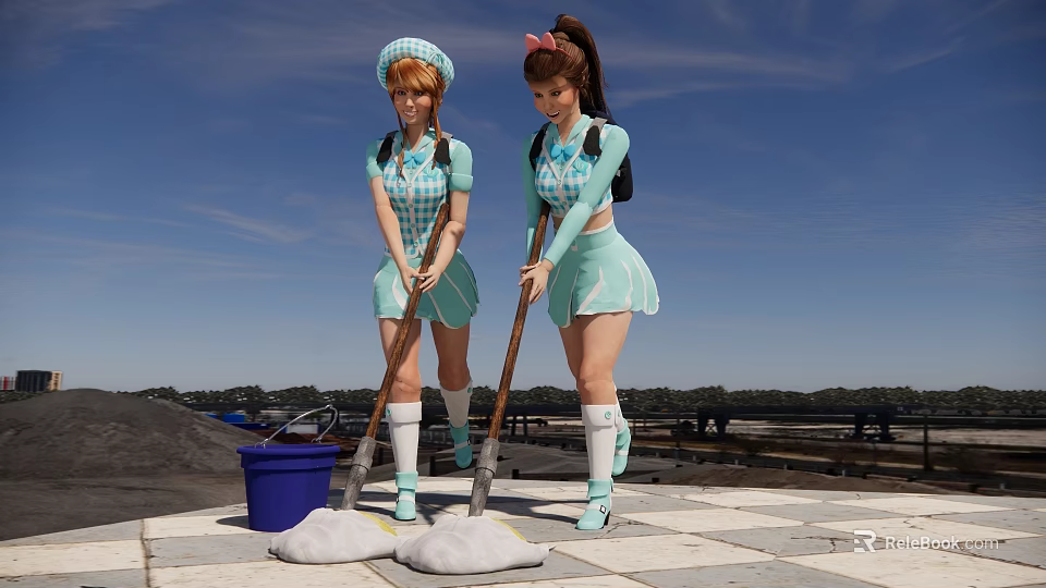 Two Women In Blue Uniforms Mopping Checkered Floor Under Blue Sky With Bucket 3d model 