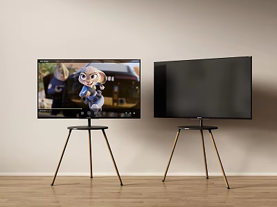 Two Modern TVs on Tripod Stands with Animated Display and Black Screen 3d model