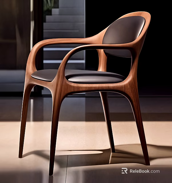 Modern Curved Wooden Dining Chair With Armrests And Black Leather Seat 3d model 