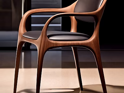 Modern Curved Wooden Dining Chair With Armrests And Black Leather Seat 3d model