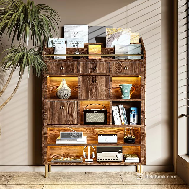 Wooden Storage Shelf With Multiple Shelves Holding Decorative Vase Books Radio And Warm Lighting 3d model 