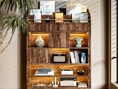 Wooden Storage Shelf With Multiple Shelves Holding Decorative Vase Books Radio And Warm Lighting 3d model