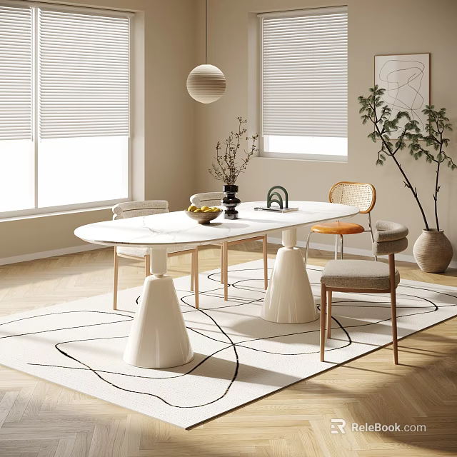 Modern Dining Table Set With White Oval Top Chairs Decorative Vase And Potted Plant 3d model 