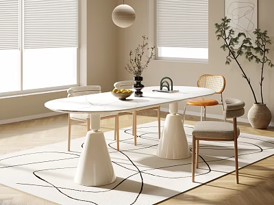 Modern Dining Table Set With White Oval Top Chairs Decorative Vase And Potted Plant 3d model