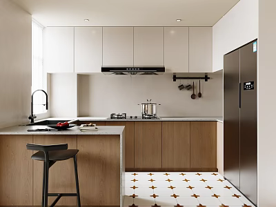 Modern Kitchen With White Upper Cabinets Wooden Lower Countertop Black Refrigerator Patterned Floor Bar Stool 3d model