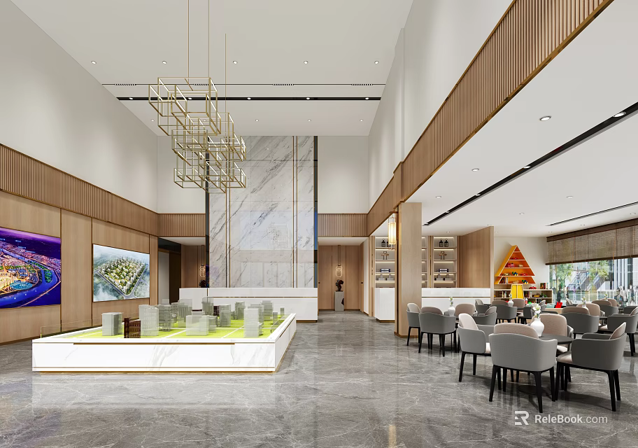 Luxury Sales Office Interior Design With Sand Table Model Modern Chandelier And Wooden Walls 3d model 