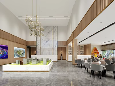 Luxury Sales Office Interior Design With Sand Table Model Modern Chandelier And Wooden Walls 3d model