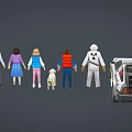 Classic Film Characters Standing with DeLorean Time Machine Car and Dog