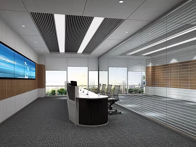 Modern Control Room Interior Design With Multiple Monitor Screens Control Desk And Office Chairs 3d model