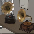 Vintage Phonographs as Musical Instruments with Wall Art on Wooden Table and Window Blinds Background