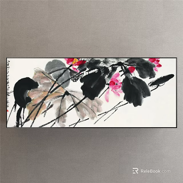 Botanical Painting Featuring Lotus Flowers Red Blooms And Black Leaves In Chinese Ink Art Style 3d model 