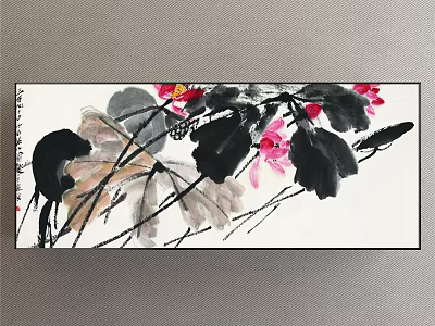 Botanical Painting Featuring Lotus Flowers Red Blooms And Black Leaves In Chinese Ink Art Style 3d model