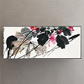 Botanical Painting Featuring Lotus Flowers Red Blooms And Black Leaves In Chinese Ink Art Style