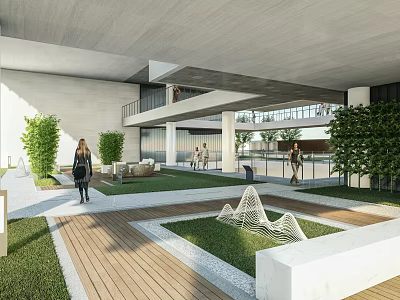 Modern Roof Garden Design With Wooden Deck Green Plants And Seating Area 3d model