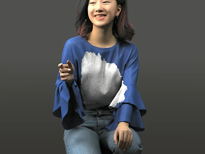 Smiling Woman in Blue Flared Sleeve Top With White Pattern Sitting Pointing In Jeans 3d model