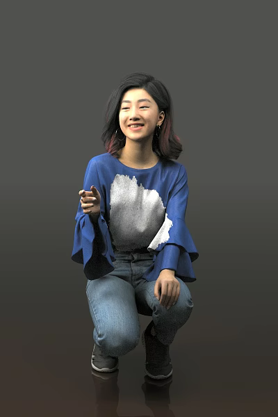 Smiling Woman in Blue Flared Sleeve Top With White Pattern Sitting Pointing In Jeans 3d model
