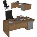 Modern Office Desk With Wooden Surface Laptop Documents And Black Leather Office Chair