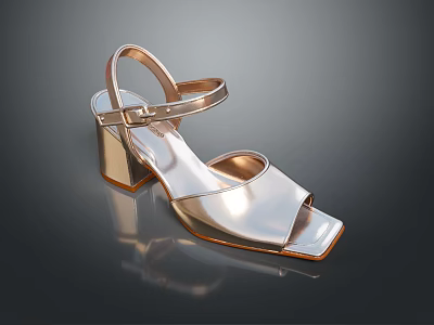 Elegant Rose Gold Block Heel Sandals With Open Toe Ankle Strap Design 3d model