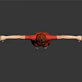 Red Haired Woman in Red Dress with Fishnet Stockings Arms Outstretched Gray Black Background