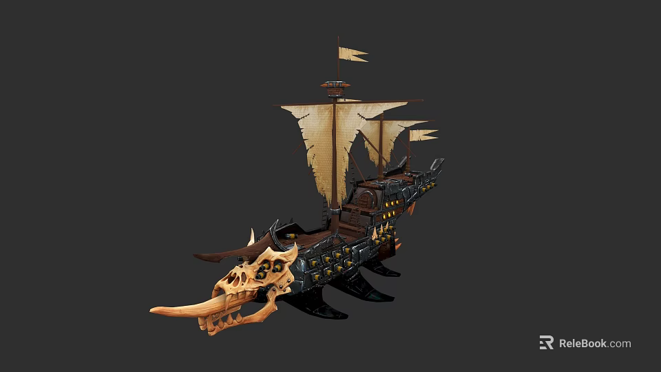 Detailed Mythical Warship Featuring Dragon Skull Bow And Brown Sails 3d model 