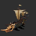 Detailed Mythical Warship Featuring Dragon Skull Bow And Brown Sails