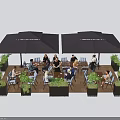 Cozy Outdoor Table Setting With Umbrellas Green Plants And Seating For Dining 3d model