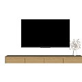 Light Wooden TV Stand With Drawers And Vase Below Wall Mounted Black TV