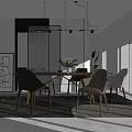 Modern Restaurant Interior With Wooden Dining Table Beige Chairs Abstract Artwork And Pendant Lights