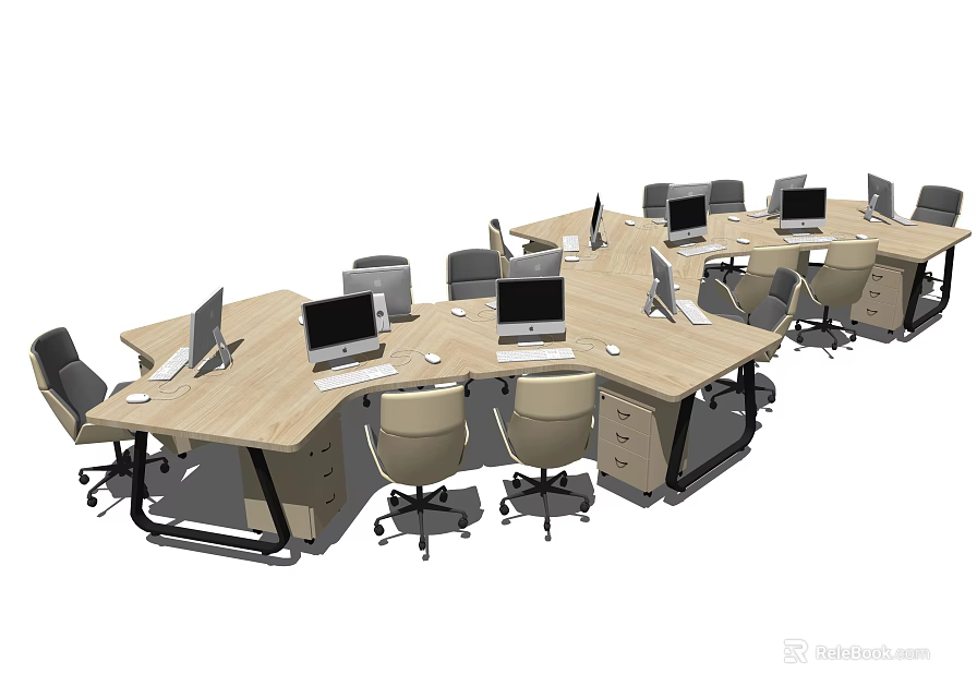 Modern Office Workstations With Wooden Desks Computers And Swivel Chairs 3d model 