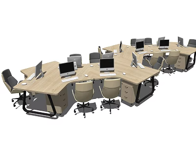 Modern Office Workstations With Wooden Desks Computers And Swivel Chairs 3d model
