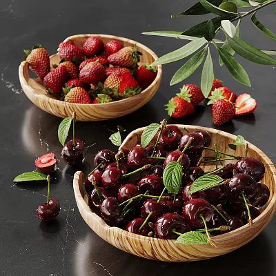Ripe Strawberries And Juicy Cherries In Wooden Bowls With Fresh Green Leaves 3d model