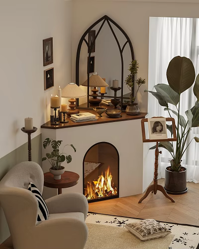 Cozy Interior Design With Burning Fireplace Decorative Shelf Potted Plants And Framed 3d model