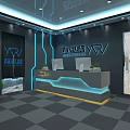 Modern Bar Counter Area With Blue Lighting TV Screens Stools Gray Walls And Checkerboard Floor